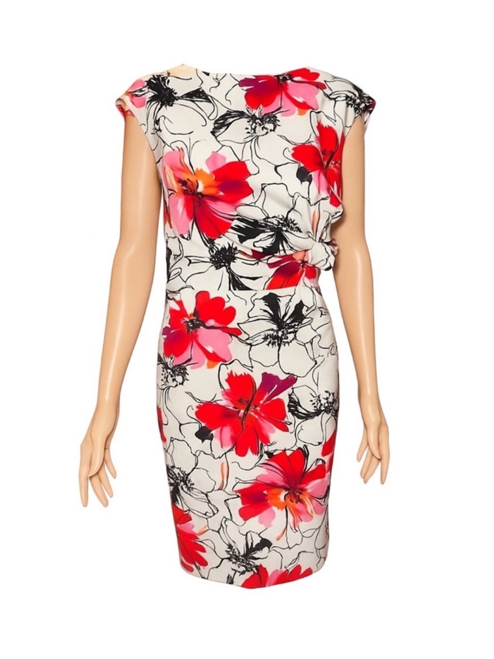 Aa Studio Cream Midi Dress with Red and Pink Floral Print